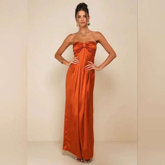 Lulus Memorable Entrance Rust Orange Strapless Satin Maxi Dress Wedding Party - Picture 2 of 9